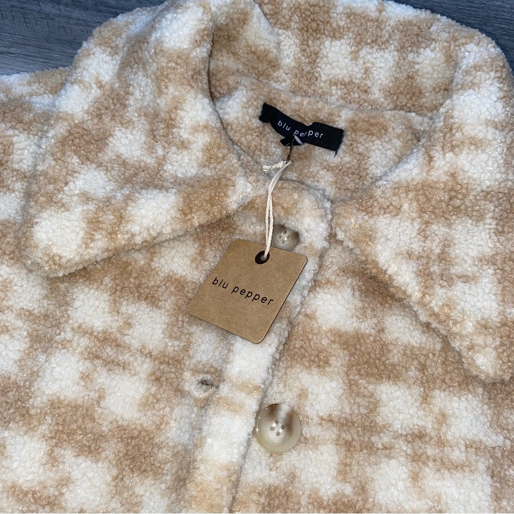 446 NWT Blu Pepper Houndstooth Teddy Jacket Sherpa Shacket Tan White Size M - Picture 3 of 8